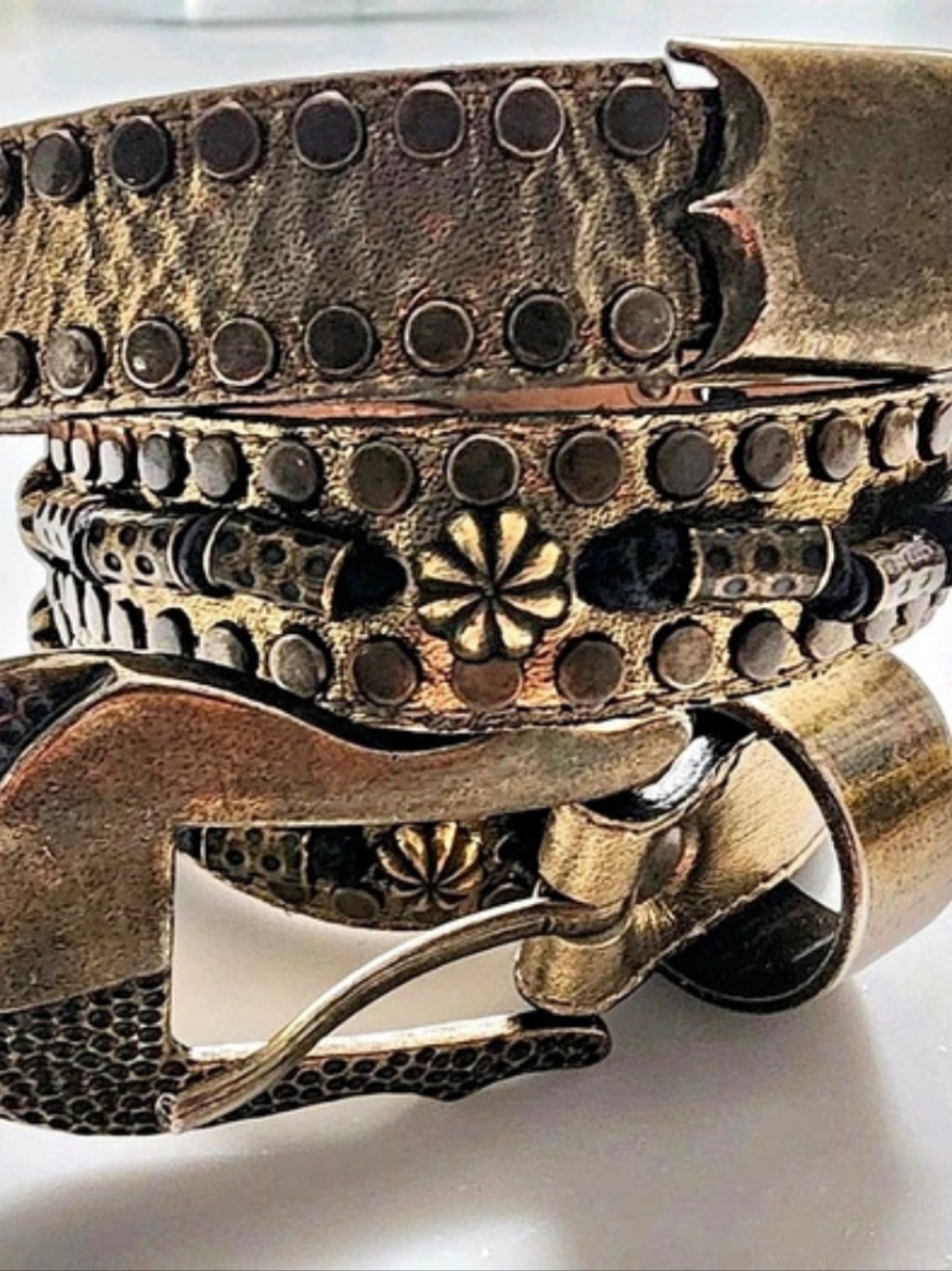 Paulith Buckle Boho Studded Leather Belt Brass Hardware Distressed Gold Y2k